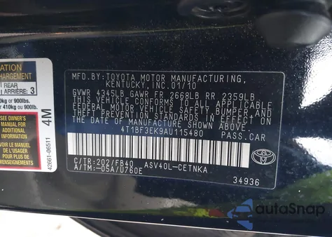 2010 Toyota Camry Le из США, поврежденный, VIN 4T1BF3EK9AU115480